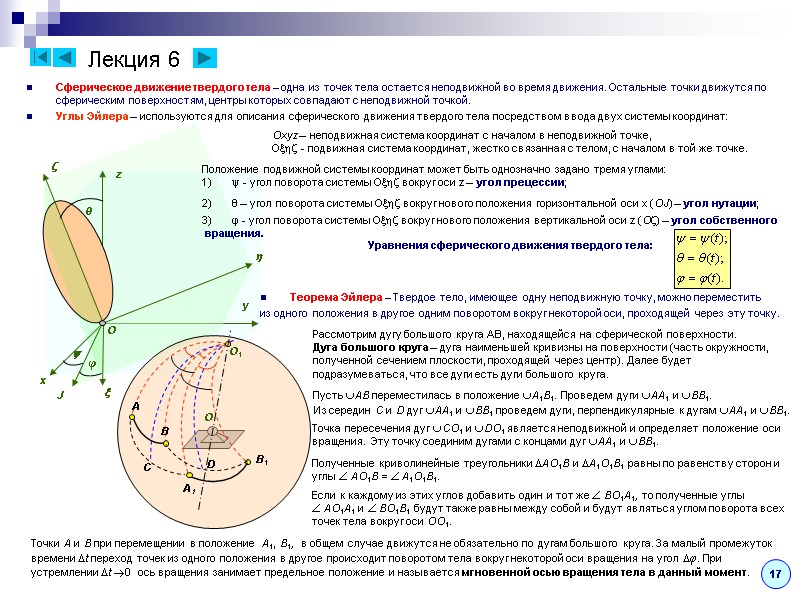 Лекция 6 Сферическое движение твердого тела – одна из точек тела остается неподвижной во